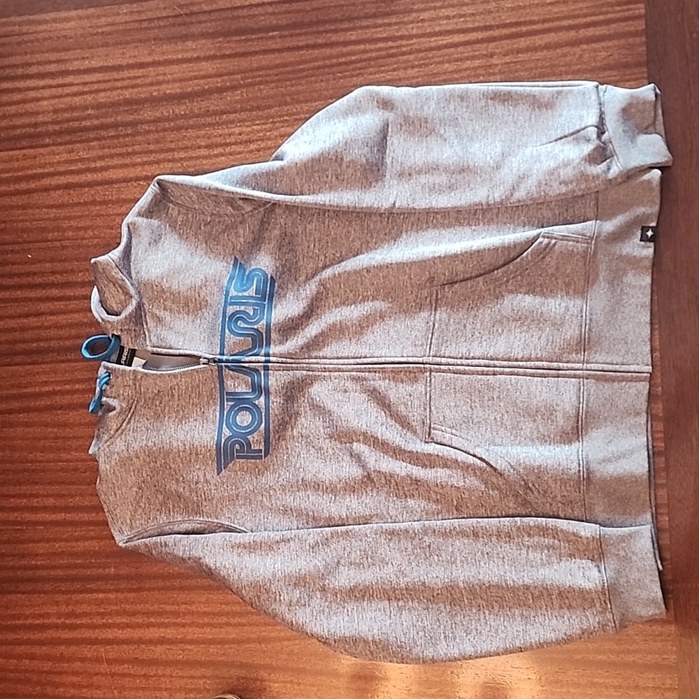 Polaris zip up hoodie, size XL, grey with blue lettering